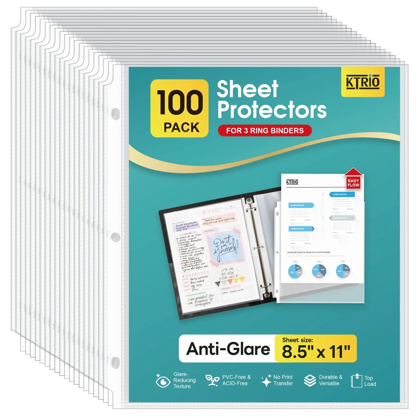 KTRIO New Anti-Glare Glare Reducing Durable Polypropylene Sheet Protectors, 8.5x11in Letter Size, Top-Loading for 3-Ring Binders, Acid-Free, 50/100 Pack Options for Office Use,sohochic