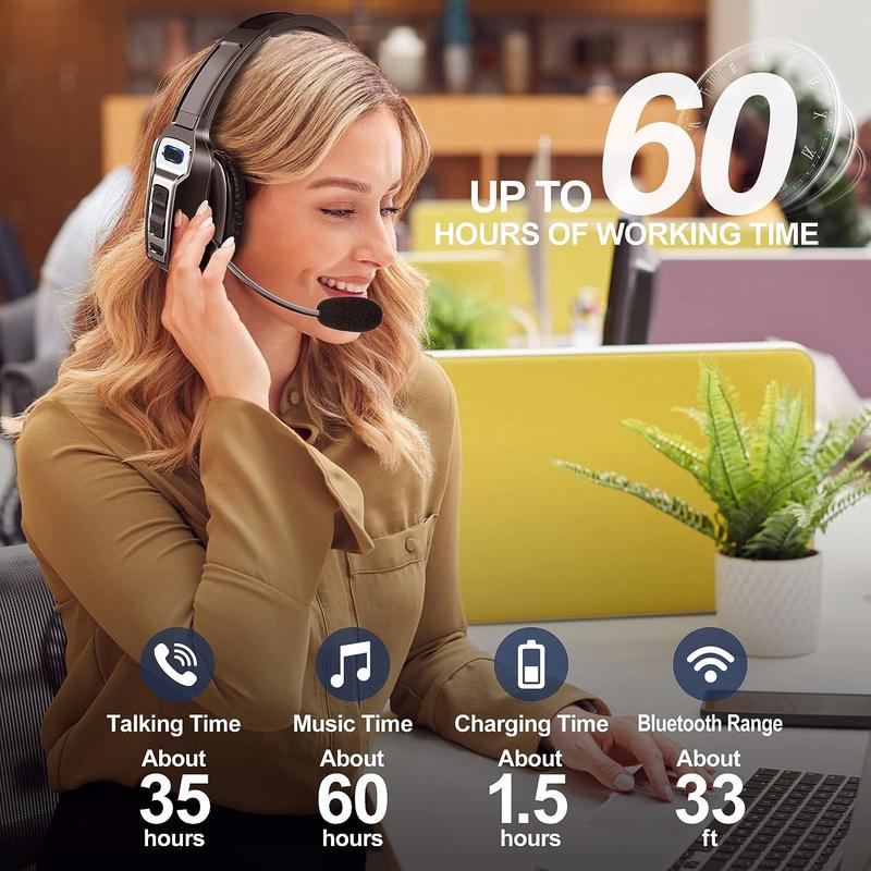 Trucker Bluetooth 5.2 Wireless Headset With Noise Cancelling Mic 35 Hours Talk Time 96 Hours Stand-by Hi-Res Audio For Phones PC