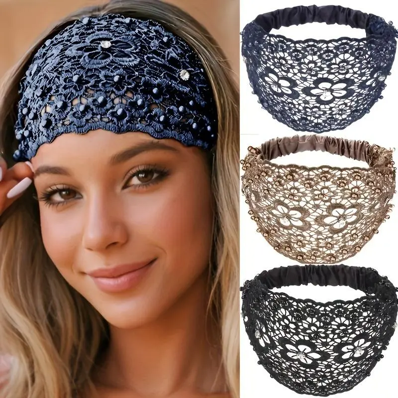 Cubidupi Women's 3PCS Boho Wide Headbands - Black Headband Included, Crystal Embellishments & Pearls, Stylish Bling Hair Fashion Accessories for Wedding Guest, Everyday Styling, Stylish Accessories, Headbands For Women
