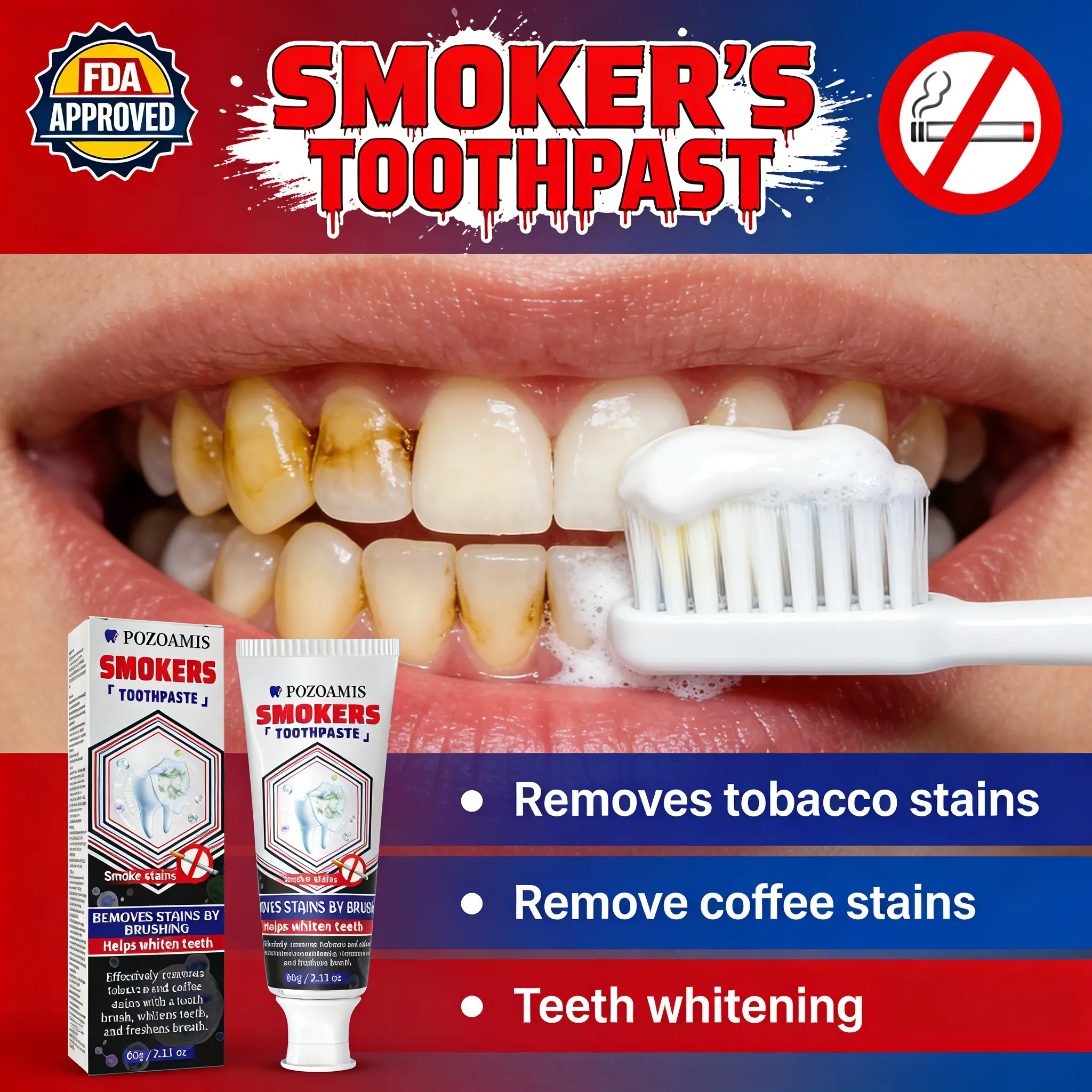 tobacco stain removing toothpaste POZOAMIS toothpaste for smokers is FDA certified. It deeply cleans coffee  stains and yellow stains, removes odors, whitens teeth, protects tooth  enamel, and eliminates plaque