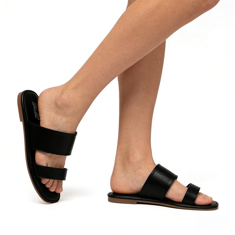 Women's Flat Sandals Two Strap Slide Sandals Square Toe