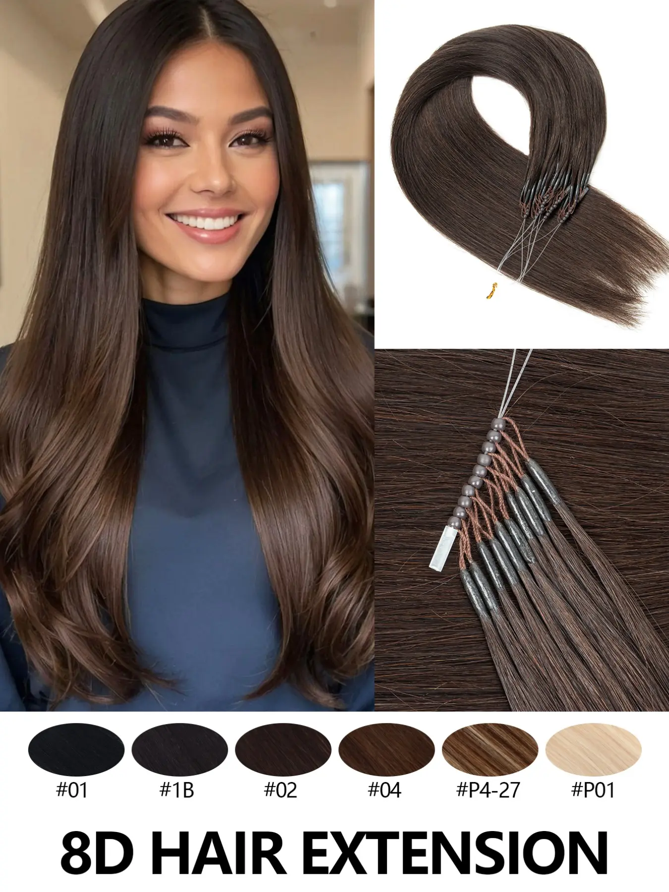 8D Nano Beads Hair Extensions, Hairpiece, Human Hair Pieces, Micro Loop Human Hair Extensions, Invisible No Trace Micro Link, Micro Bead Hair Extensions Straight Human Hair, Mini Silicon Beads Easy to Install, Seamless, Glueless Natural Straight Hair