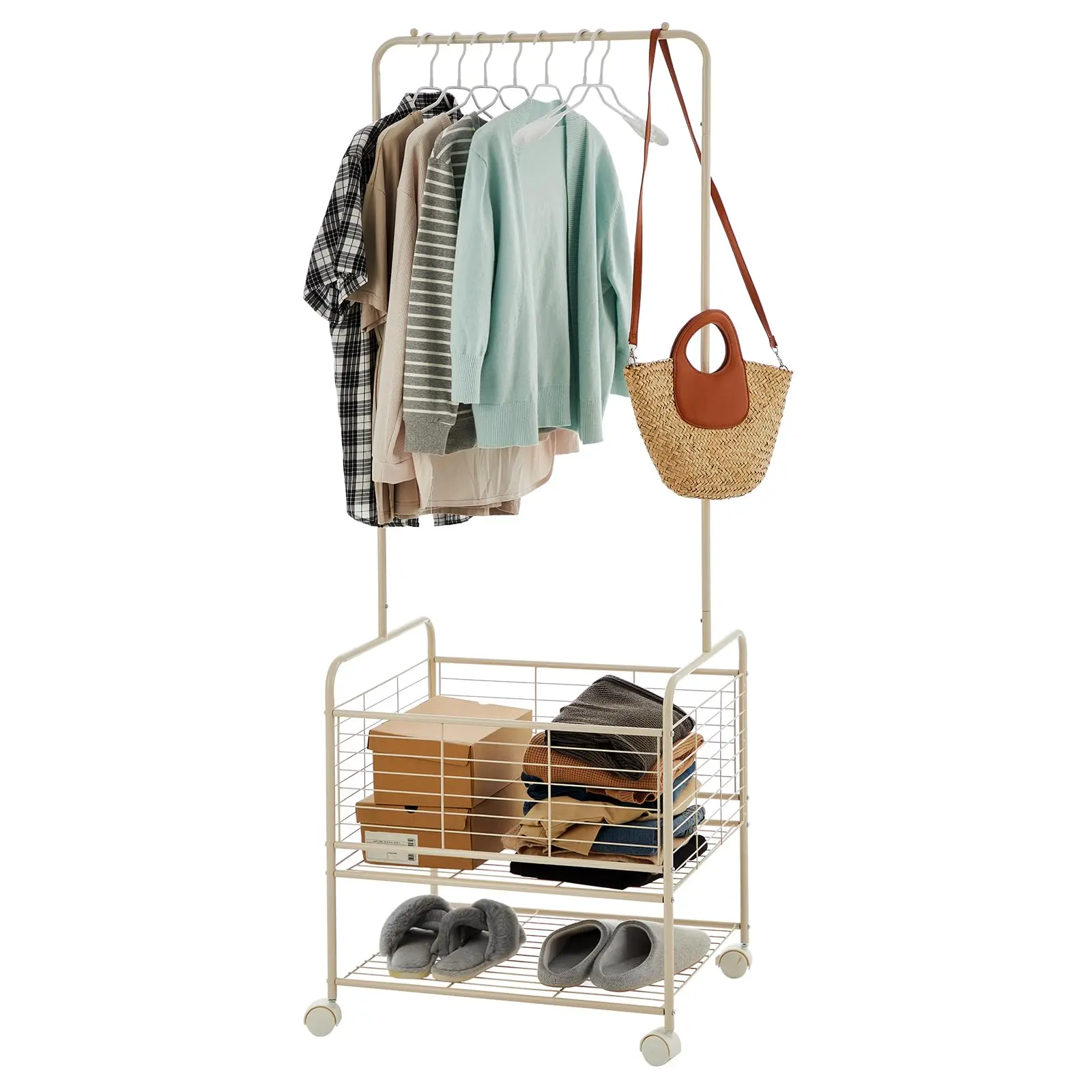 GARVEE Metal Laundry Cart with Hanging Rack & Storage Shelves | 3-In-1 Rolling Hamper with Wheels for Clothes, Towels and Toys | Space Saving Organizer for Small Apartment/Bathroom
