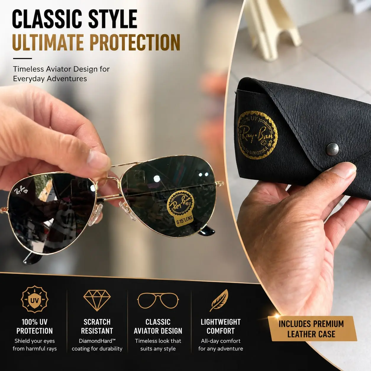 Ray-Ban teardrop-style sunglasses featuring polarized, UV-protective lenses; suitable for everyday use.