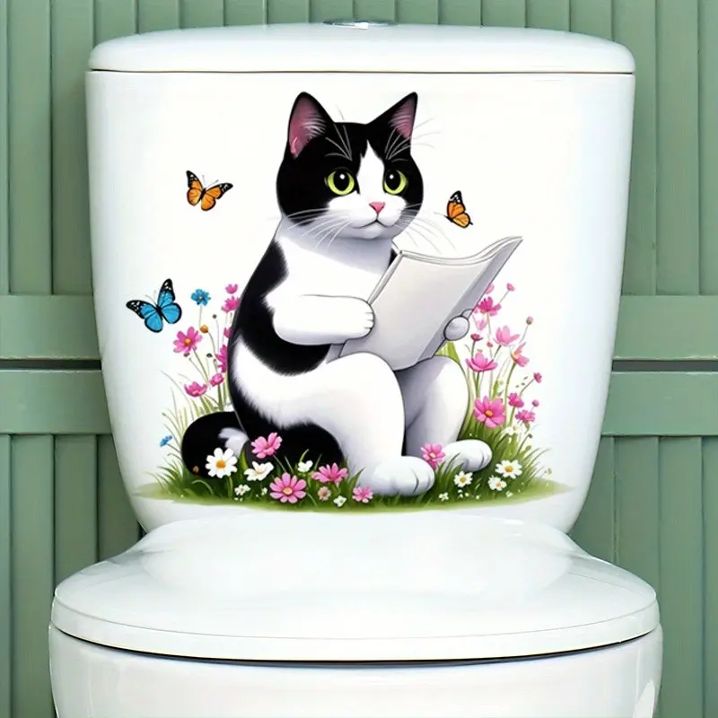 Cute Cat Reading Newspaper Toilet Sticker, Bathroom Accessory, Restroom Accessories, Creative Bathroom Decor, Self-Adhesive, Home Aesthetic, Fun & Beautiful Design