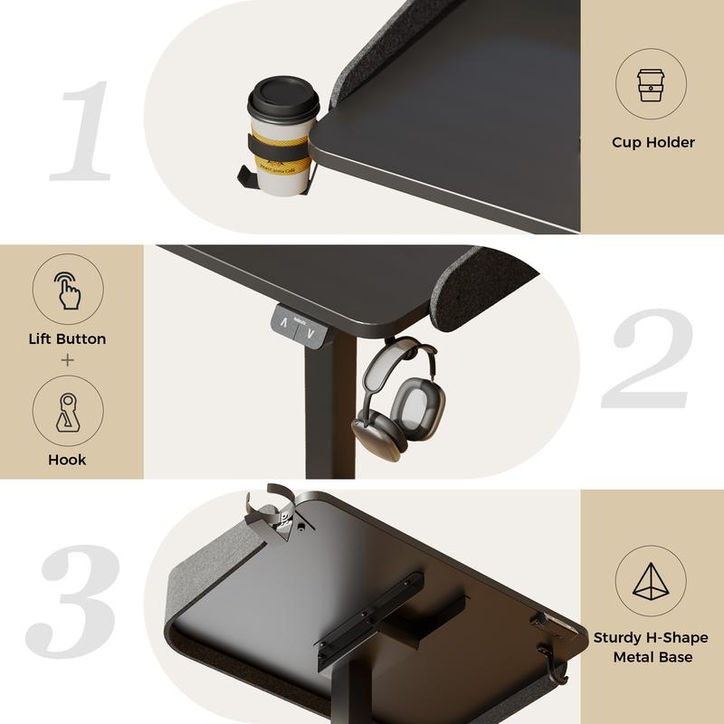 Mobile Standing Desk with Wheels & Felt Pane 26.8" x 18.9",  Adjustable Rolling Desk with Cup Holder Hook Space Saving Sit Stand Portable for Home Office Bedside Couch Use
