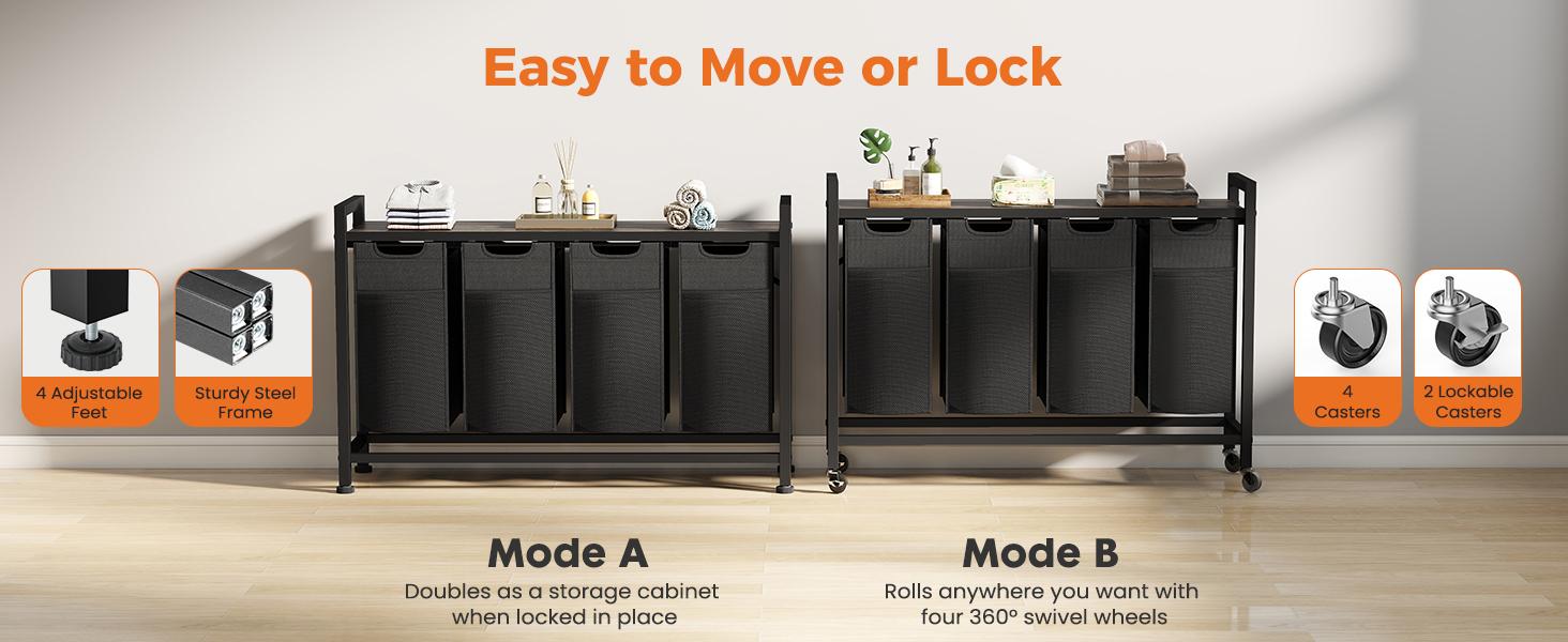 Sweetcrispy Rolling Laundry Hamper with Pull-Out Removable Bag Freestanding Clothes Basket Organizer with Wheels Adjustable Feet for Bedroom or Bathroom