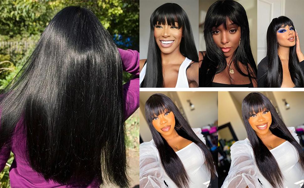 [New In Upgrade With Drawstring] Mamushow Straight Wigs with Bangs Human Hair 2x4 Lace Wig with Drawstring 180% Density Middle Part for Black Women Glueless Machine Made Wigs