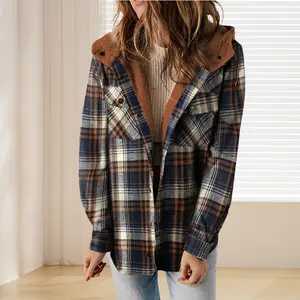 [LTO]Women'S Plaid Jacket Hooded Coat Flannel Hoodies Casual Mufti Clothes Autumn Winter New Style Retro Loose Shirt Wadded Jacket Sweater Knitwear Long Sleeves Soft Vintage Fitted