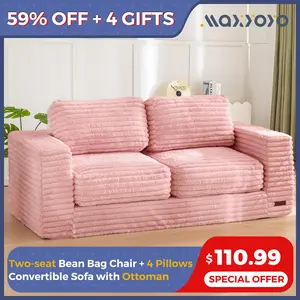 MAXYOYO Boneless Loveseat Bean Bag Sofa with Pillows and Armrests, Striped Floor Bean Bag Chair for Adults, Upholstered Loveseat Boneless Couch Fluffy Bean Bag Couch for Bedroom Living Room