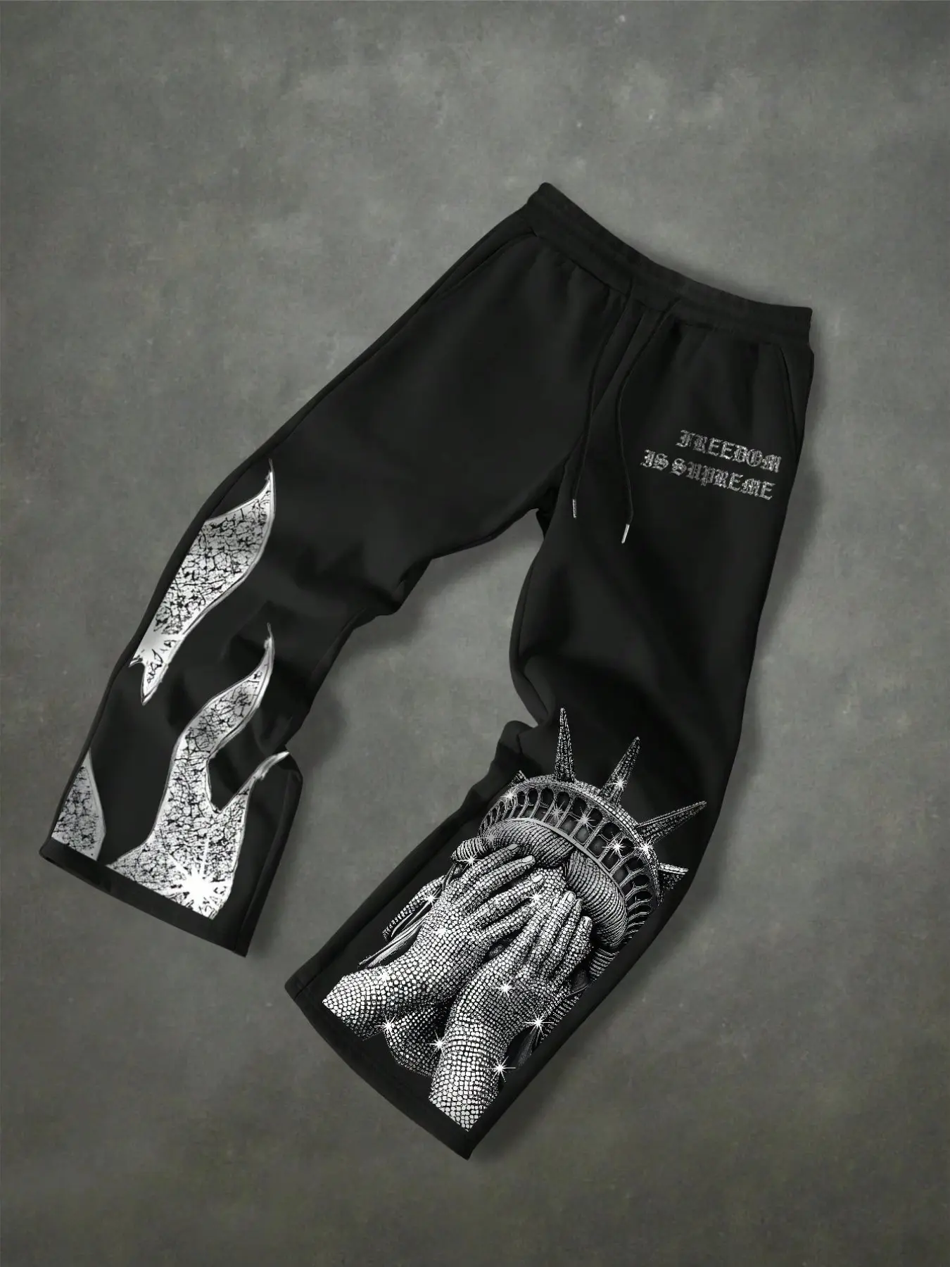 Trendy High Street Luxury Flame Sweatpants, Main Color with Rhinestone Details, Loose Fit Casual Bottoms, Comfortable Fabric, Casual Street Style, Casual Comfy Fashion Sweatpants