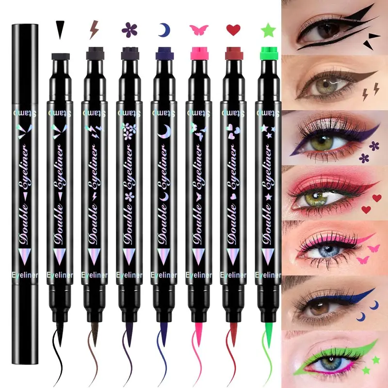 Valentines Day Gifts for Her/He  liquid Eye Liners Face Stamp Cosplay Gothic Makeup Set Kit for Beginners, Black Brown Purple Blue Red Pink Green Star Flowers Heart Moon Triangle Lightning Butterfly Stamps Eyeliner