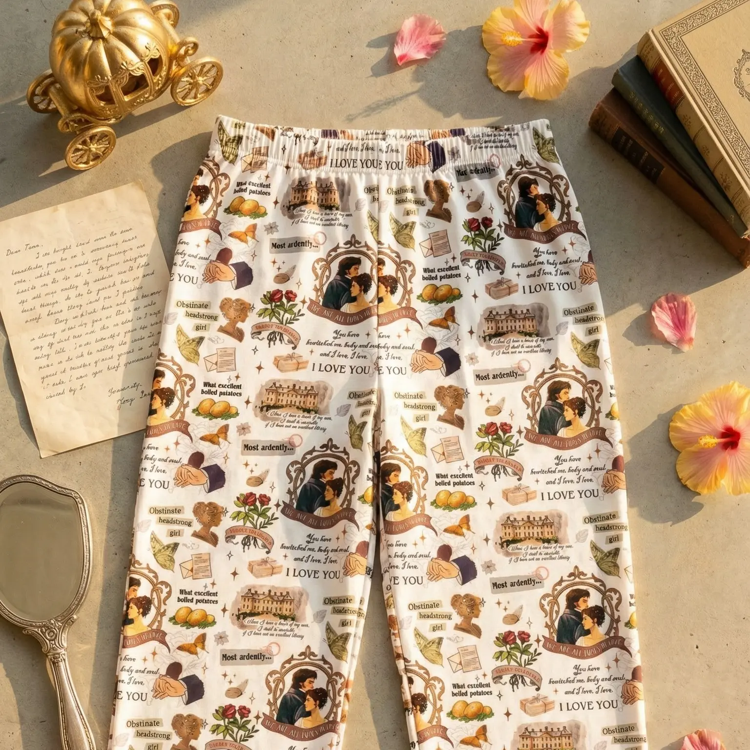 Pride and Prejudice Pajamas Trousers, Long Pants With What Excellent Boiled Potatoes Stickers On, Jane Austen, Elizabeth, Mr. Darcy, Mr. Collins Sleepwear, Pemberley, Gift for Book Lovers