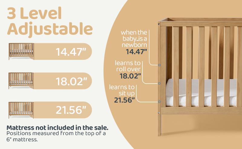 HARPPA 5-in-1 Wooden Convertible Crib, Converts to Toddler Bed, Daybed, Sofa & Full-Size Bed, 3 Adjustable Heights, Non-Toxic Finish Sustainable Nature Pinewood