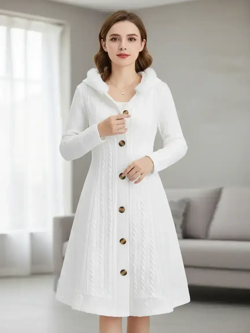 Women's Solid Color Fuzzy Trim Hooded Long Knitted Coat, Basic Casual Long Sleeve Button Front Knitwear Outerwear for Fall & Winter, Ladies Clothes for Daily Wear Womenswear