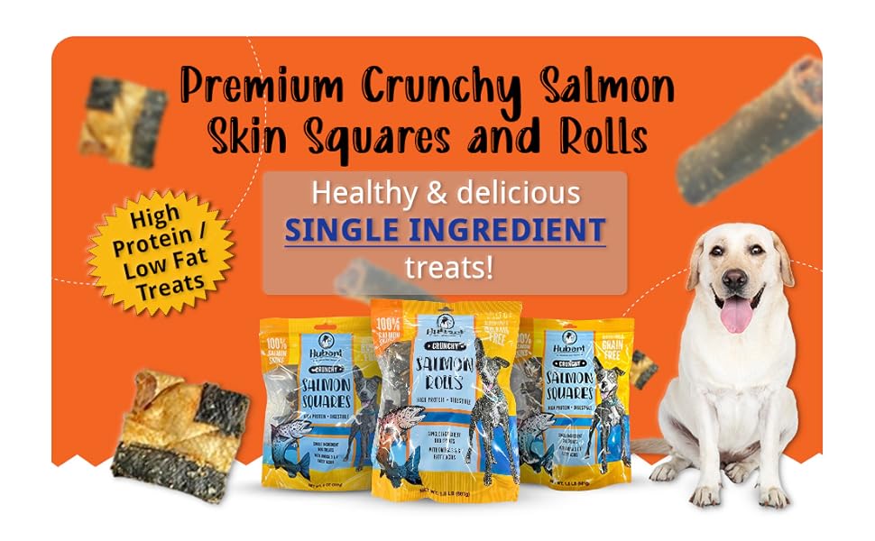 Hubert Salmon Skin Crunchy Dog Treats all-natural Single Ingredient High Protein Omega-3 Rich Puppy Snacks