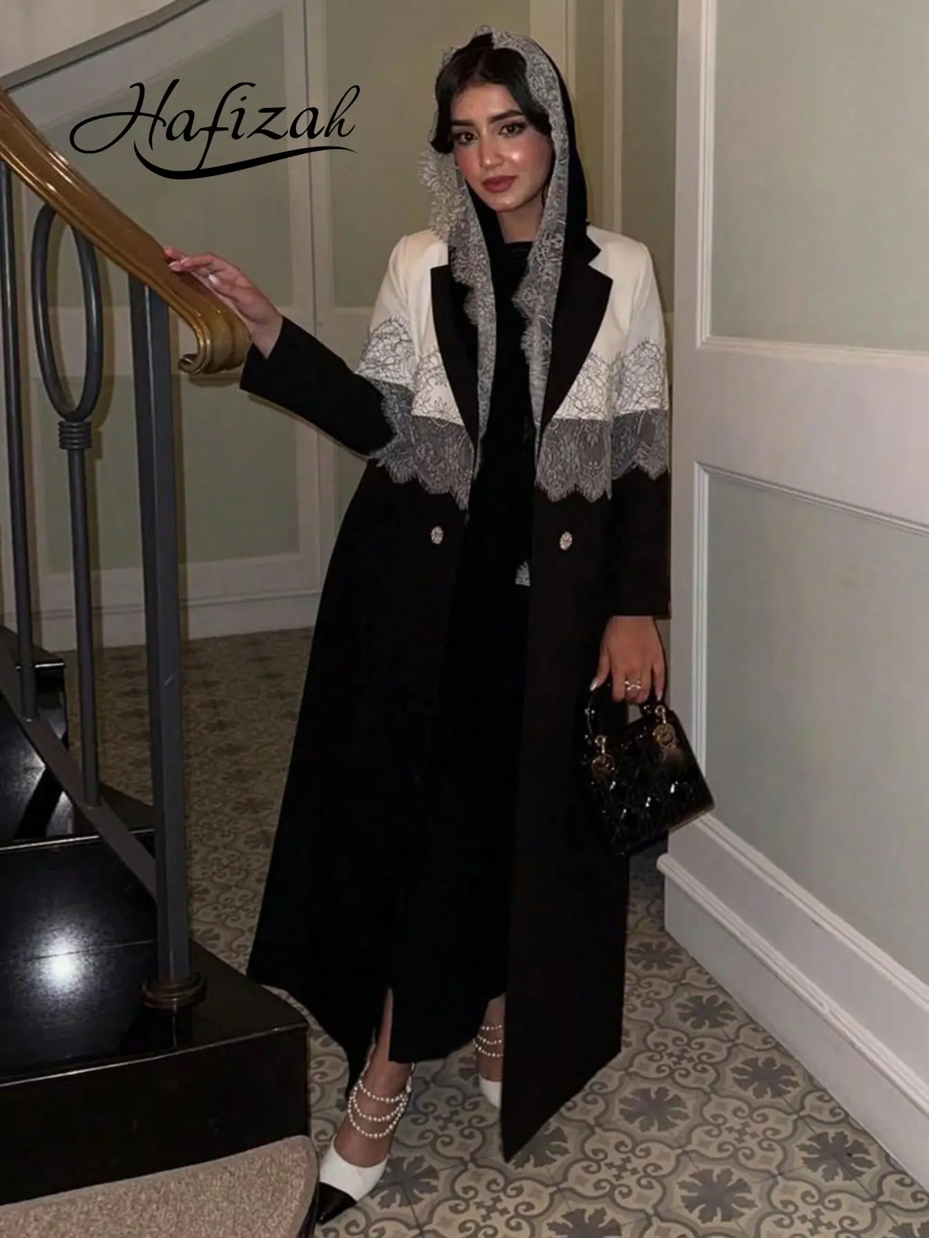 Lace Patchwork Blazer Jackets Coat with Button, Long Sleeve, Elegant Long Cardigan with Scarf, Lady Loose-Fitting Outerwear for All Seasons, Womenswear, Chic, Elegance