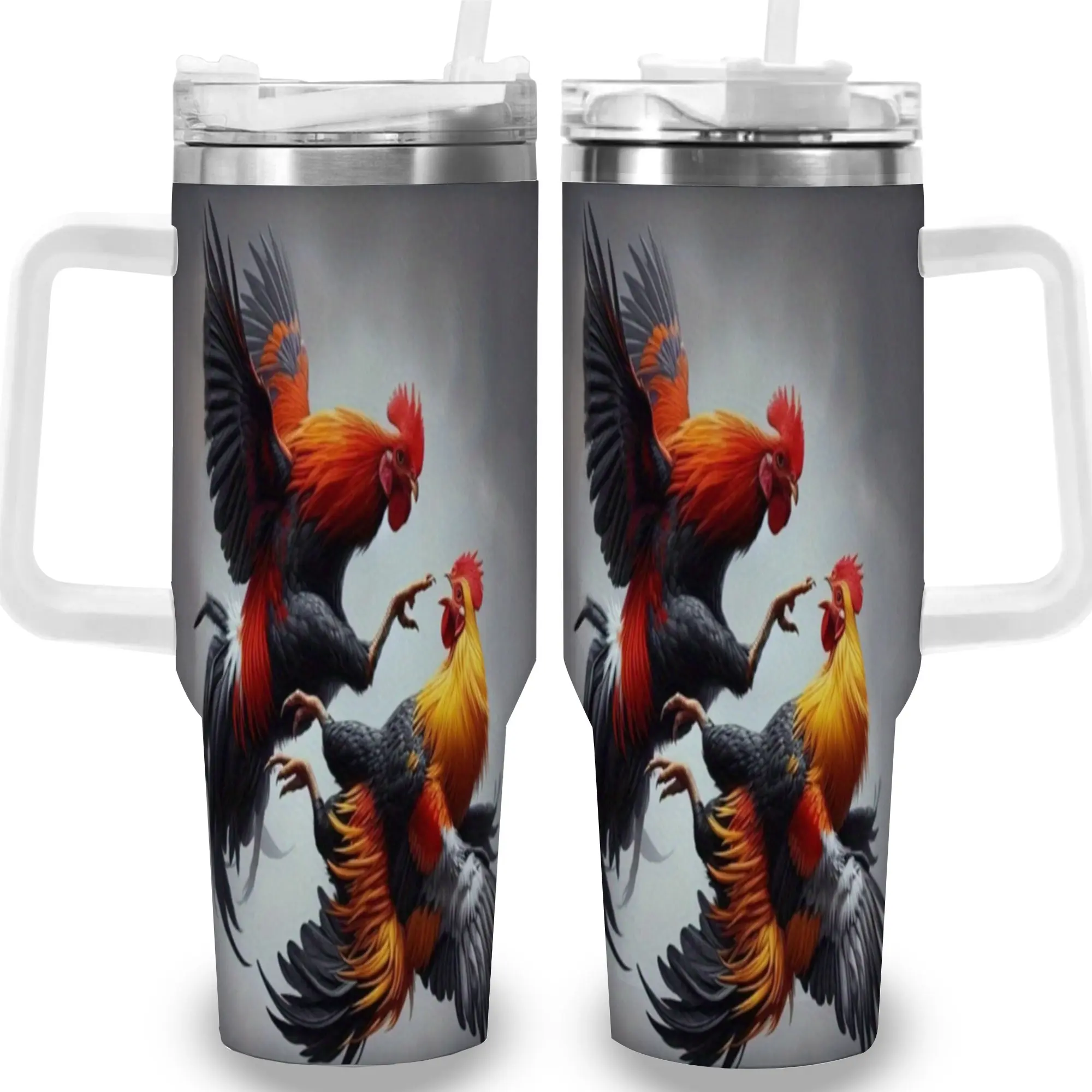 1pc 40oz Dynamic Rooster Art Insulated Travel Mug with Lid - Drinkware Tumbler, Ideal Gift for Men, Suitable for Halloween, Coffee Cup, Unique Item, Lid For Travel