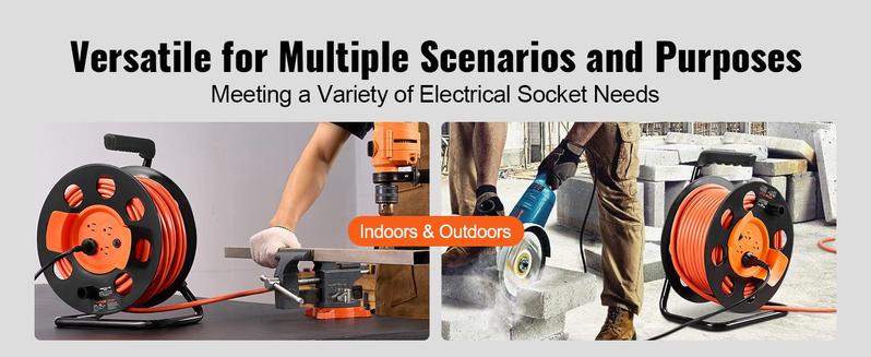 VEVOR Extension Cord Reel, TikTokShopBlackFriday, 100FT, with 4 Outlets and Dust Cover, Heavy Duty 12/14 AWG SJTOW Power Cord, Manual Cord Reel with Portable Handle Circuit Breaker, for Toolshed Garage, Tested to UL Standards VEVOR Extension Cord Reel, TikTokShopBlackFriday, 100FT, with 4 Outlets and Dust Cover, Heavy Duty 12/14 AWG SJTOW Power Cord, Manual Cord Reel with Portable Handle Circuit Breaker, for Toolshed Garage, Tested to UL Standards