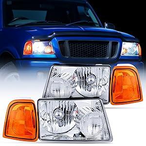 Nilight Headlight Assembly for 2001 2002 2003 2004 2005 2006 2007 2008 2009 2010 2011 Ford Ranger Replacement Headlamp Chrome Housing Amber Reflector