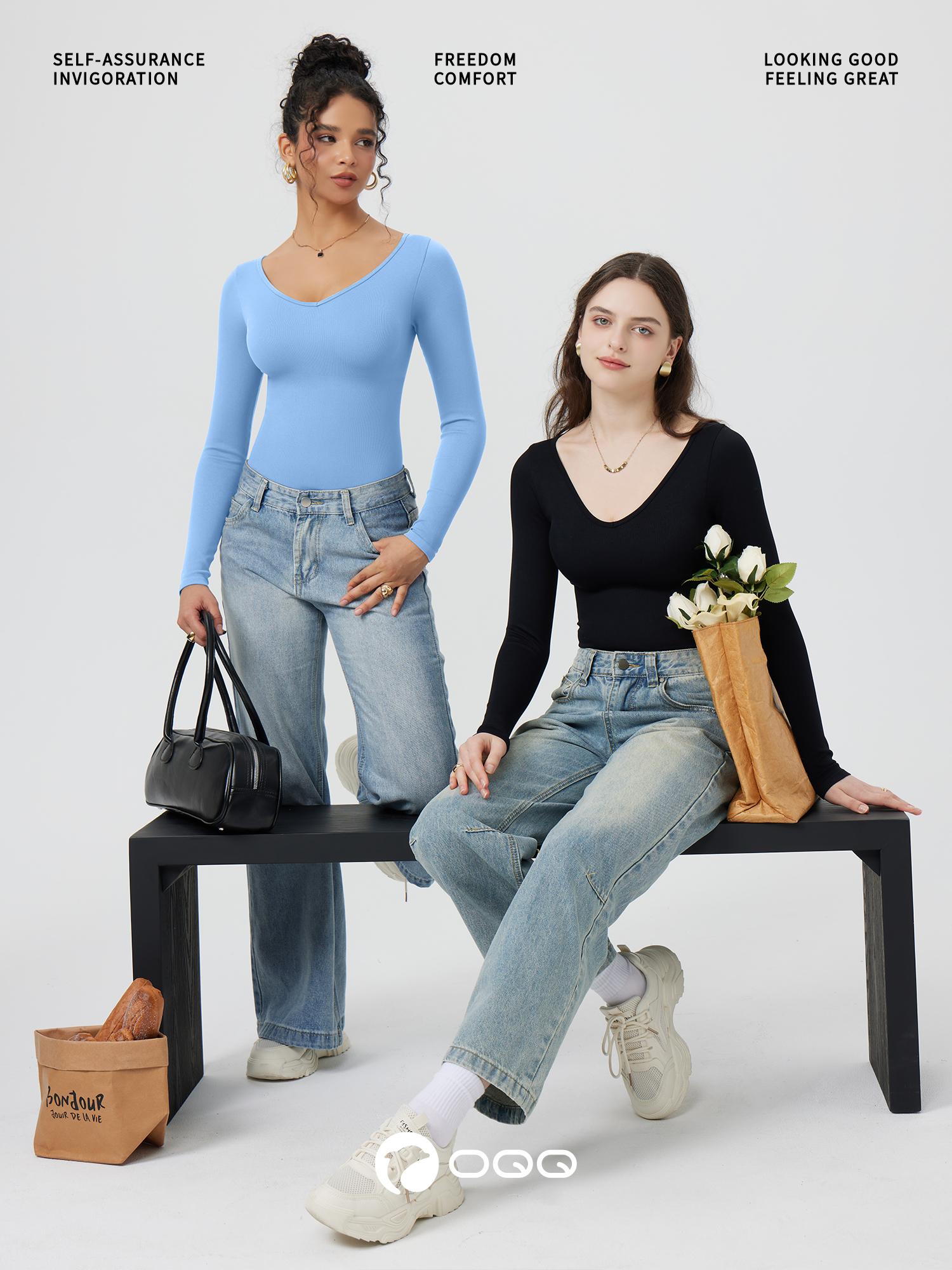 OQQ Women's 2 Piece Ribbed Bodysuit Sexy V Neck Long Sleeve Womenswear Comfort Basic SpringStatements