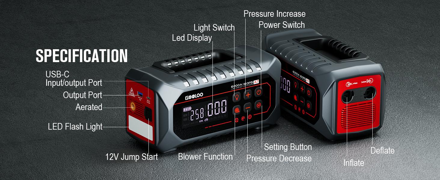 GOOLOO A7 10-in-1 6000A Car Jump Starter with Air Compressor (All Gas & 10 Disel), Multifunctional 160 PSI Smart Auto-Shutoff Tire Inflator & Portable Air Pump with Inflate 350L/min & Deflate 70L/min