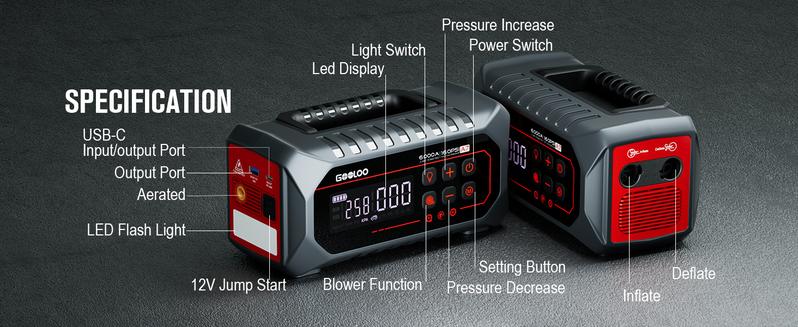 GOOLOO A7 10-in-1 6000A Car Jump Starter with Air Compressor (All Gas & 10 Disel), Multifunctional 160 PSI Smart Auto-Shutoff Tire Inflator & Portable Air Pump with Inflate 350L/min & Deflate 70L/min