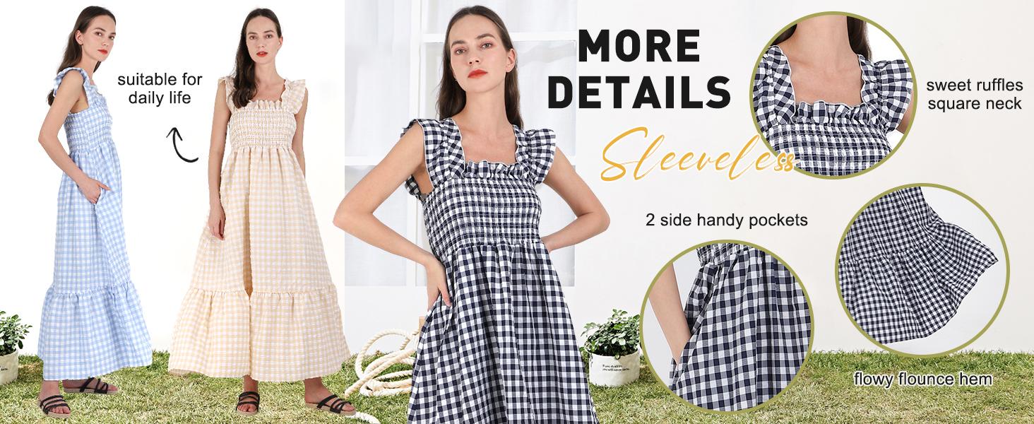 Ebossy Women's Summer Khaki Retro Plaid Smocked Dress Sleeveless Spaghetti Strap Flounce Long Dress Casual Womenswear Bohemian Sundresses