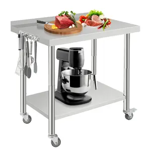 GARVEE Stainless Steel Prep Table, Heavy Duty Commercial Kichen Worktable with Backsplash and Caster Wheels, Metal Food Prep Table with Hooks for Restaurant Warehouse (36 x 24 Inches)