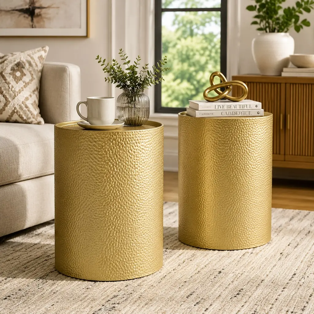 Modern Gold Metal End Table Set of 2, Hammered Iron Side Table with Lip, 16x16x20 Inch Accent Table for Living Room, Coffee Table, Nightstand, Polished Finish, Floor Mount, Indoor Use, Gold Color Options, Iron Material, Product Dimensions: