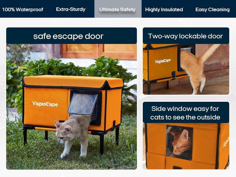 【Limited】Vagascape Heated Outdoor Cat House, Heated Bowl, Thermostat & Overheat Protection with Auto Shutoff, Warms in ~3s & Energy-Saving – Waterproof, Insulated & Elevated, 12mm Fiberglass Frame, Escape Door & Window, UL-Tested Heating Core