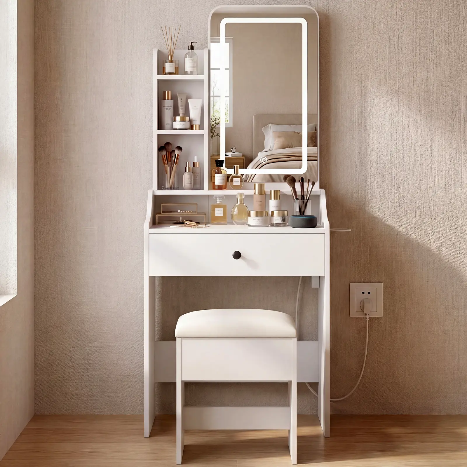 Small Bedroom Dressing Table Set with Dimmable Lighted Mirror, Storage Drawers, Shelves & Stool