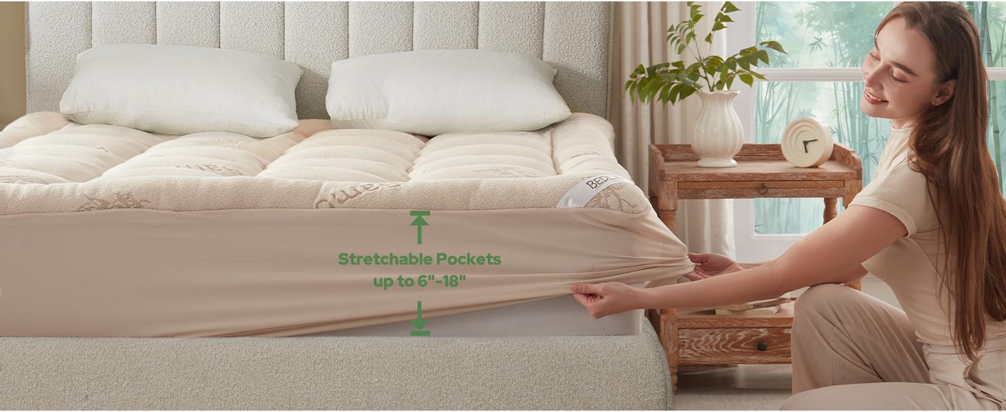 【BEDLORE】Bamboo Mattress Topper, Thick Pillow Top Mattress Pad with Stretchable Deep Pockets (Fits 6–18 Inch Mattresses), Soft & Breathable, Ideal for Bedroom & Home Use 【BEDLORE】Bamboo Mattress Topper, Thick Pillow Top Mattress Pad with Stretchable Deep Pockets (Fits 6–18 Inch Mattresses), Soft & Breathable, Ideal for Bedroom & Home Use
