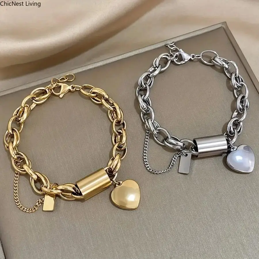 Women's Chunky Thick Link Stainless Steel Metal Bracelet - Exquisite Modern Chunky Bangles with Pendant, Lobster Claw Clasp, Non-Tarnish, Durable Unisex Anniversary & Birthday Durable Friendship Gift