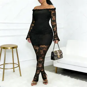 Lace Off Shoulder Dress Top and Leggings Set Black Color Bell Sleeve Sexy Two Piece Outfits for Women Clubwear Lace Legging Set Long Sleeve Womenswear Bodycon Clothes Evening Matching Polyester Sheer Soft Solid Mesh