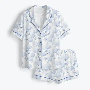 Women's Hydrangea Floral Toile de Jouy Vintage Blue and Pink Wedding Print Silk Satin Pajama Set Soft Sleepwear Loungewear Gift for Her