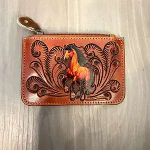 Horse Genuine Leather Coin Pouch with Intricate Horse Design and Secure Zip Closure