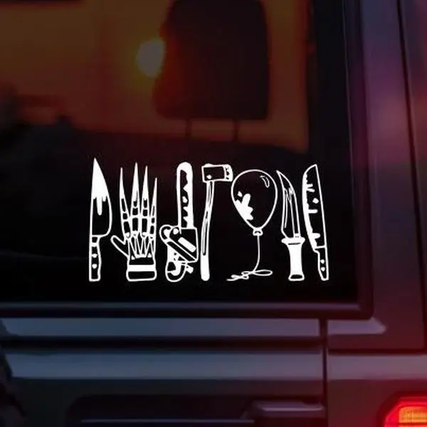 Horror Weapons Vinyl Car Decal – Slasher Movie Inspired Knife, Freddy Glove, Chainsaw, Axe, Pennywise Balloon & Machete Sticker – Halloween Horror Fan Car Window Decal