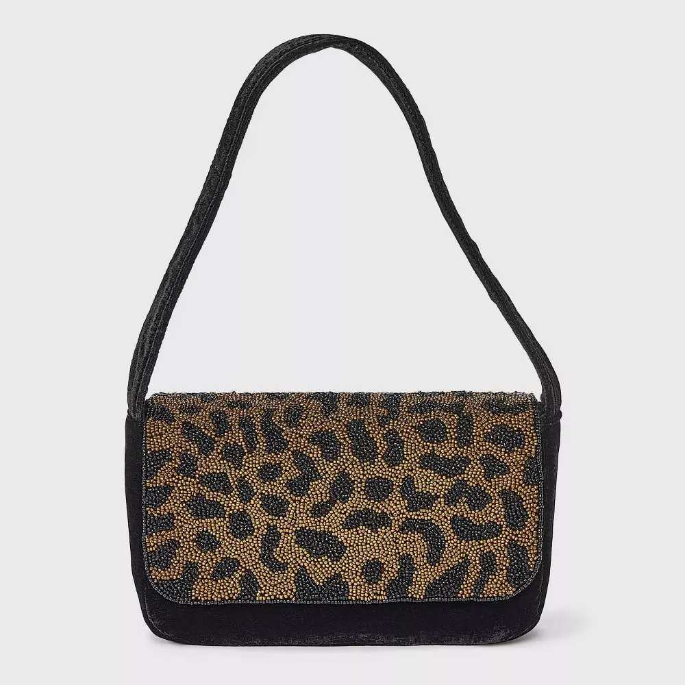 Women's Embellished Leopard Print Velvet Flap Shoulder Bag - A New Day, Black/Brown, One Size, Adjustable Strap, Casual Wear