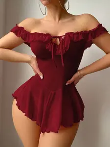SHEIN Burgundy Mesh Slip Dress With Ruffled Off Shoulder Design For Women, Going Out Red Lingerie Dress Red Ruffled Lingerie Dress Babydoll Lingerie Dress Burgundy Lingerie Maroon Lingerie