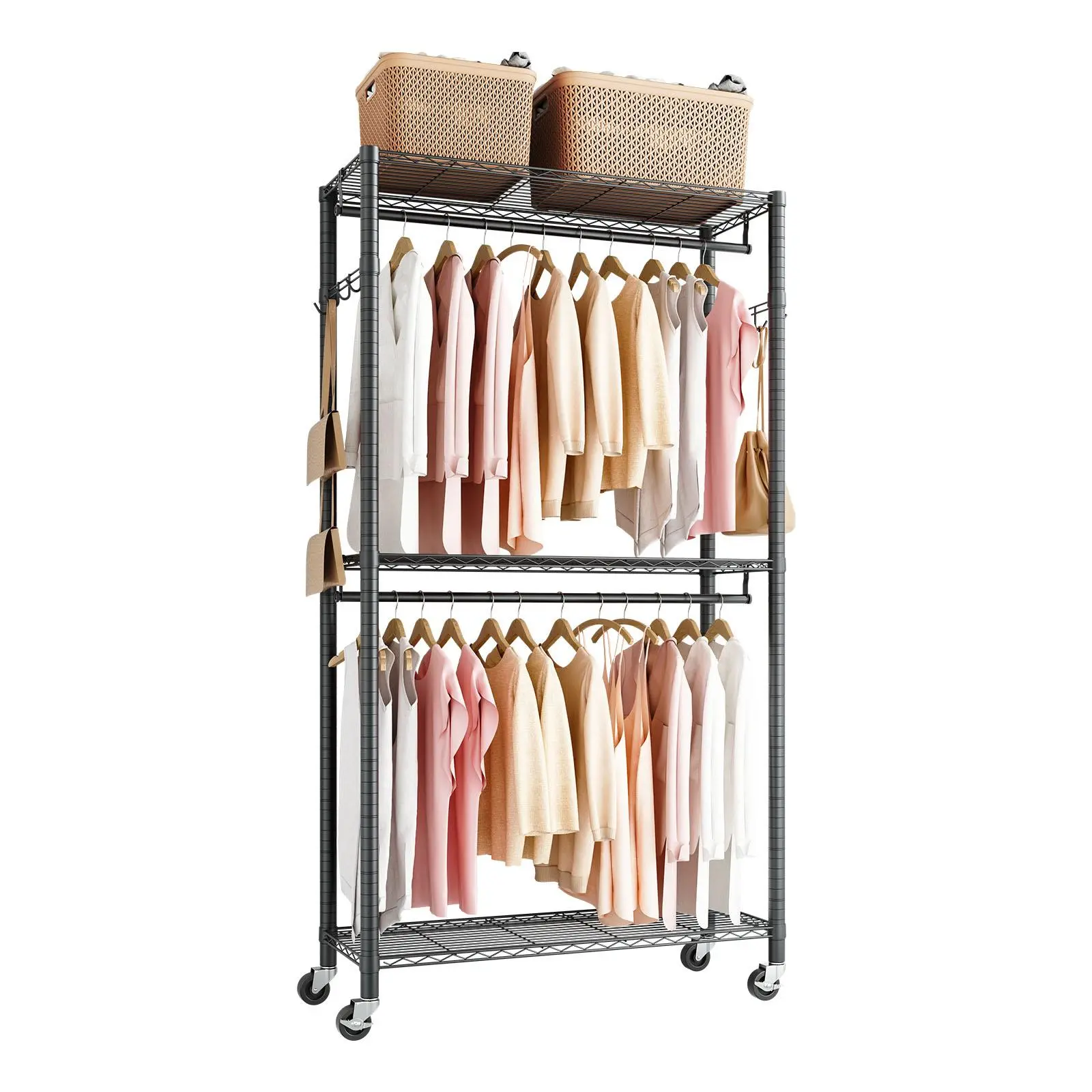 VEVOR Heavy Duty Adjustable Metal Rolling Hanging Clothing Rack - Carbon Steel Powder Coated Corrosion Resistant Organizer with 3-Layer Tiers, 360° Smooth Roll Lock-in Wheels, 204kg Load Capacity for Bedroom Closet Storage, Adjustable Metal Racks