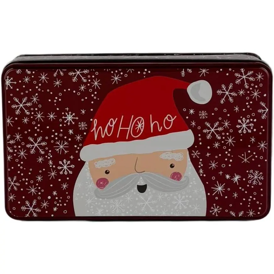 Christmas Santa Claus Rectangular Tin Box, Red | Spacious rectangular tin with secure lid, Rich red background with classic "Ho Ho Ho" design