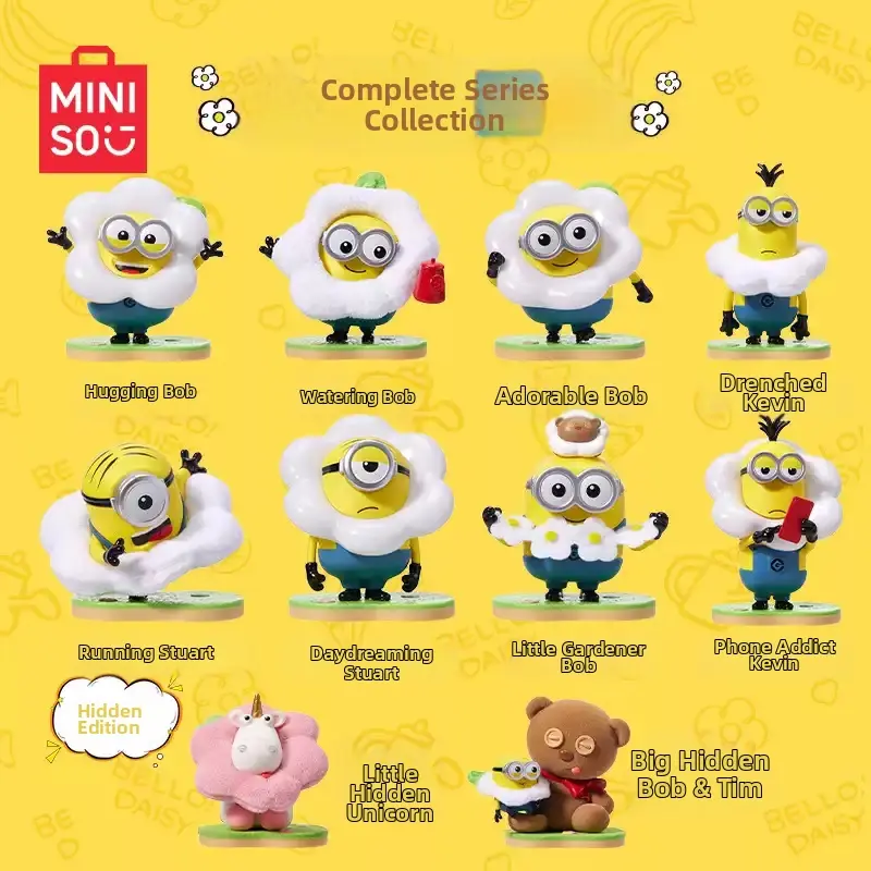MINISO Official Minions Flower Garden Series Blind Box Figure - Premium ABS Anime Mystery Box, Minion Trio (Bob, Stuart & Kevin) Stuffed Toy, Ages 15+, Rare Hidden Editions, Student Gift, Desk Decor