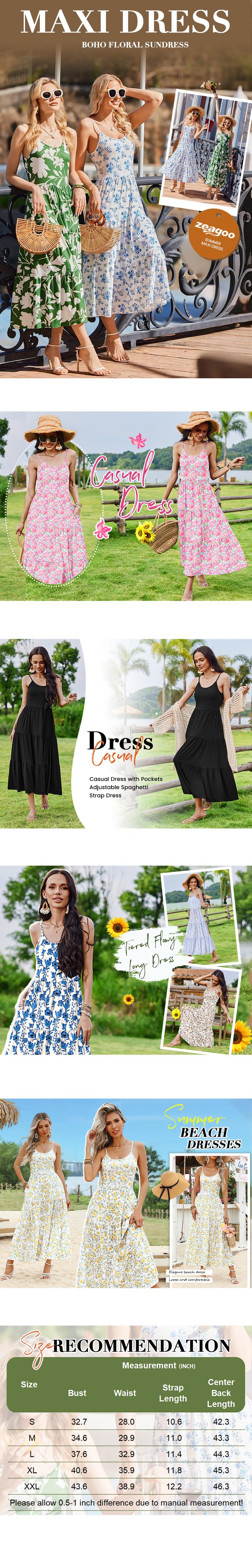 ZEAGOO Womens Summer Long Dress Adjustable Spaghetti Strap Floral Casual Dress with Pockets Flowy Tiered Beach Sundress