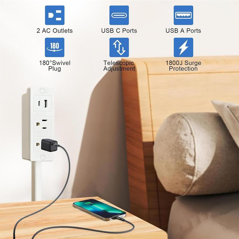 Rotating Wall Outlet Extender – 2 AC + USB-C/A Ports (34" Extension, Wall-Mountable & ETL Certified) | Space-Saving Power Solution for Home & Office,Portable ,easy to use