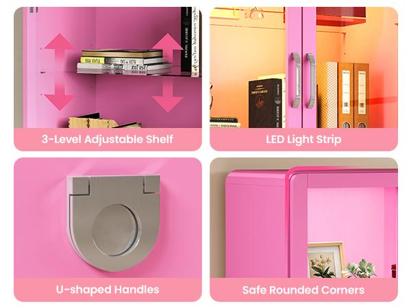 RoyalCraft Display Cabinet with Acrylic Doors, Modern Storage Cabinet with LED Lights, Bookcase with Drawers & Adjustable Shelves, 3-Tier Curio Cabinet for Living Room, Home Office, DopamineDecor