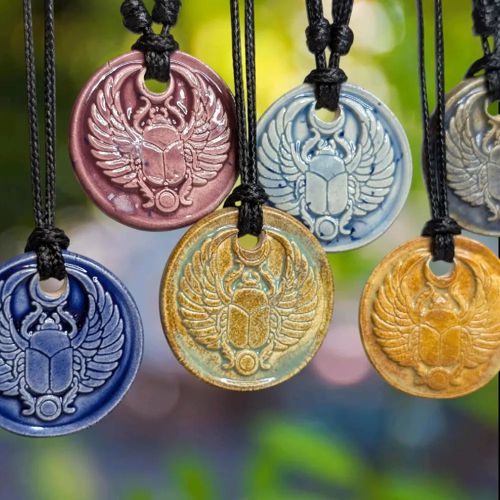 Beetle Egyptian Scarab Insect Bug Ceramic Wax Seal Pendant Hippie Whimsical Choker Adjustable Cord Necklace Clay Charms Handmade