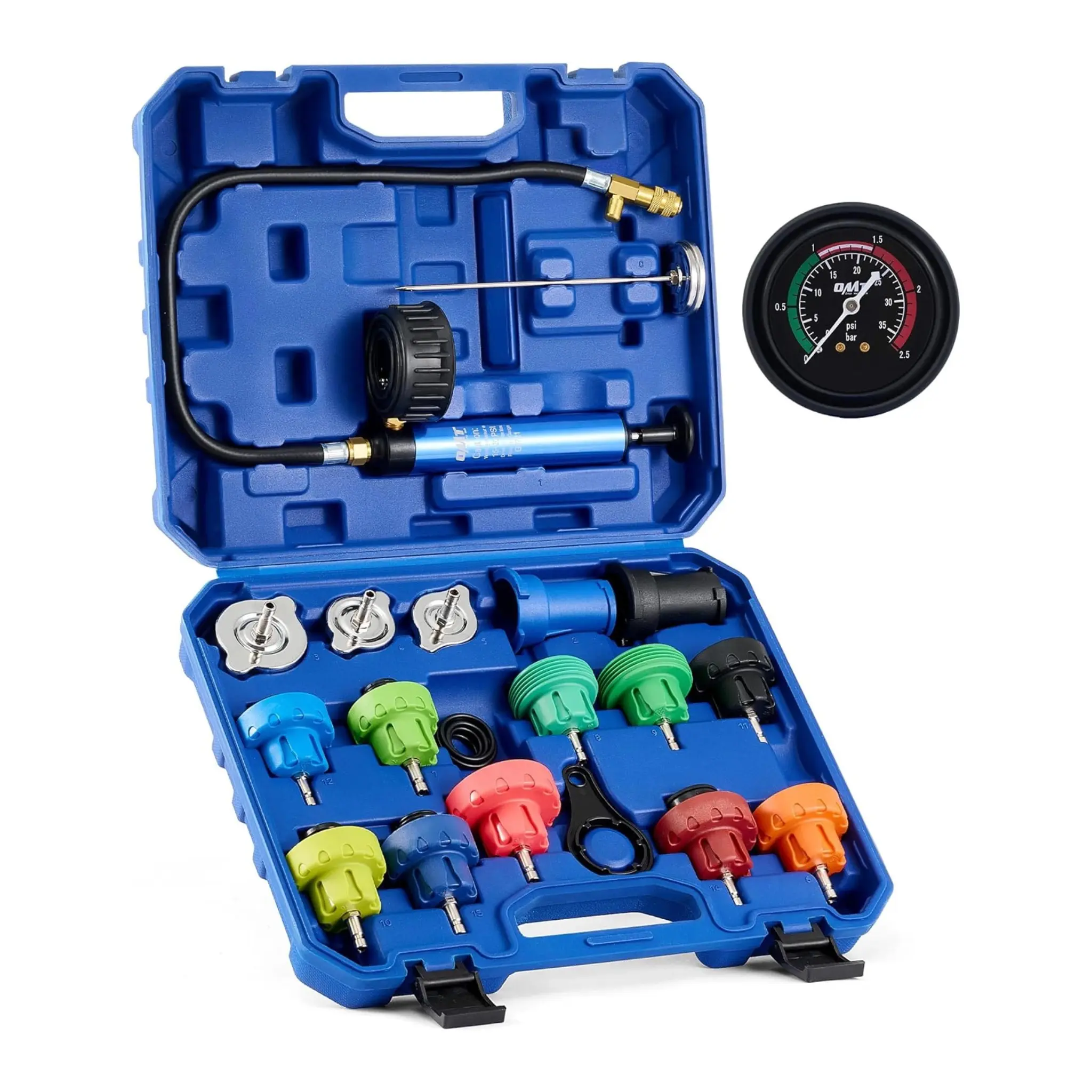 Orion Motor Tech 33 pcs Universal Radiator Pressure Tester Kit, Coolant Pressure Tester Kit with Manual Pump and Color-Coded Test Caps, Coolant Vacuum Refill kit for CarsMotorcycles Trucks Cooling System, Automotive Repair Tools