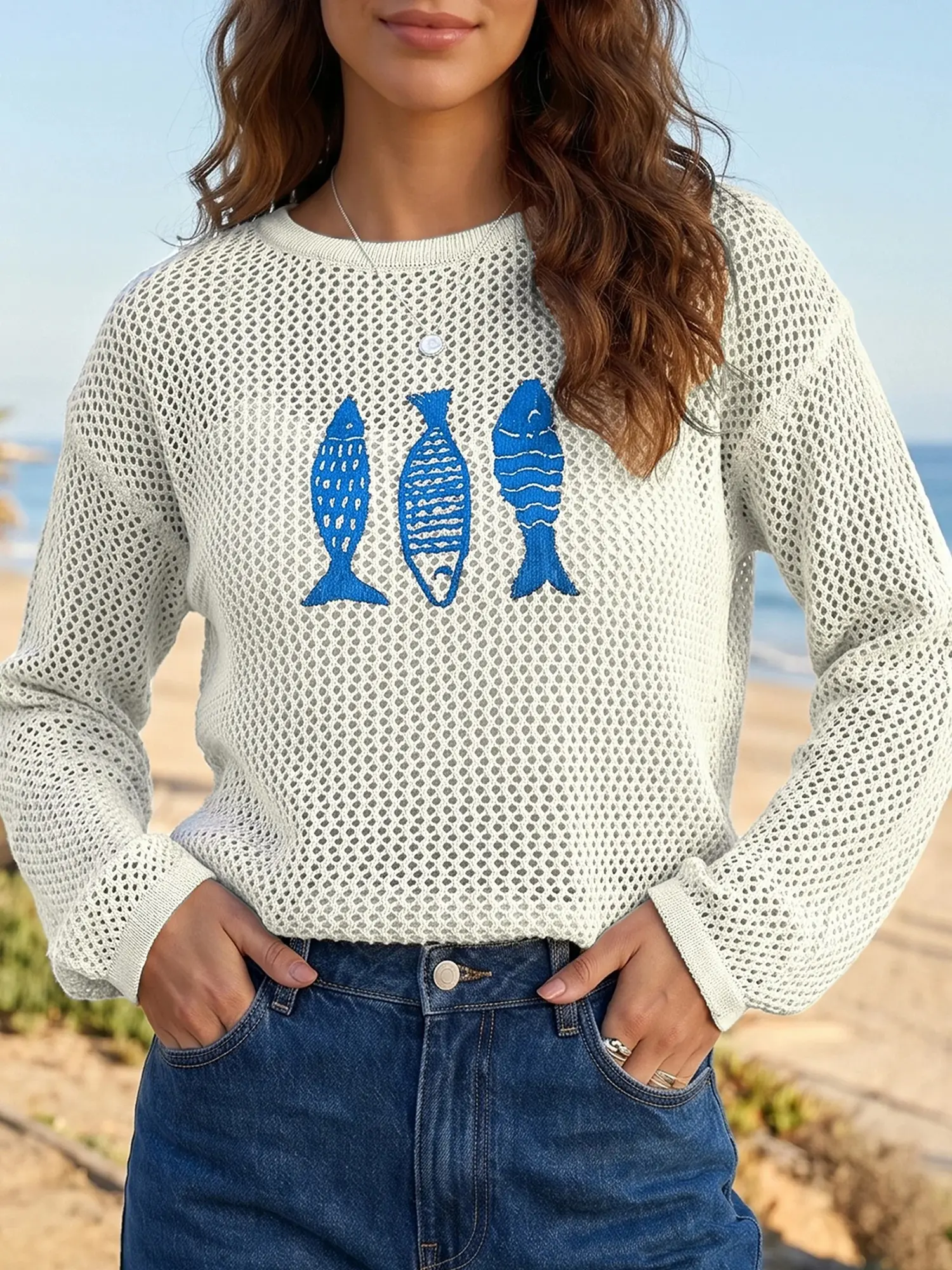 Women's Coastal Fish Graphic Open Knit Sweater – Lightweight Long Sleeve Beach Vacation Pullover for Spring, Summer & Casual Seaside Outfits