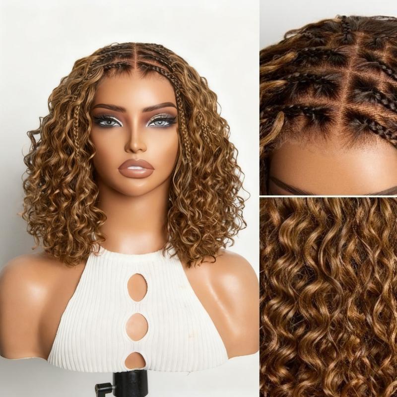 Flash Sales Boho Braided Deep Curly 5x5 Closure Lace With Braided Bob Human Hair Wigs Curly Deep Wave Glueless Pre Cut Plucked Lace Short Wig Ready To Go Ombre Brown Highlight